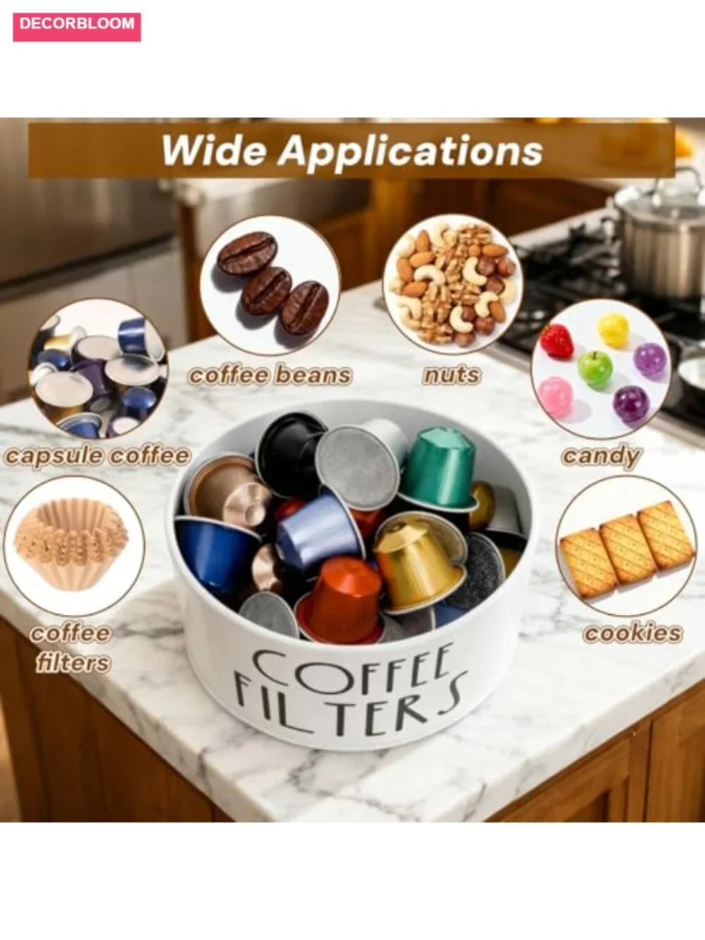 Coffee Filter Holder with Bamboo Lid, Large Capacity, Metal Base